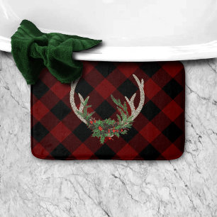 Rustic Boho Deer Antlers   Christmas Plaid Floral Bath Mat