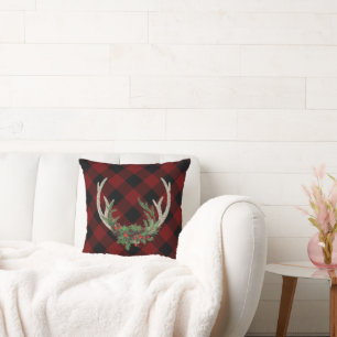 Rustic Boho Deer Antlers   Christmas Plaid Floral Cushion