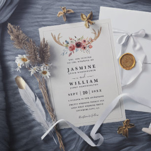 Rustic Boho Deer Antlers Modern Elegant Wedding Invitation