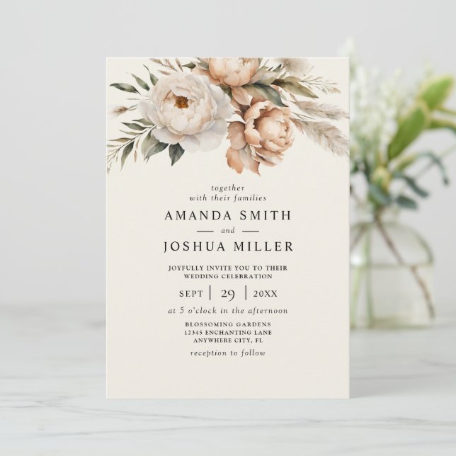 Rustic Boho Dried Florals & Pampas Grass Wedding Invitation (Standing Front)