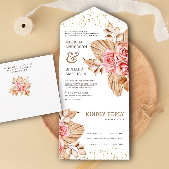 Rustic Boho Dried Palm Earthy Peach Rose Wedding All In One Invitation (Creator Uploaded)