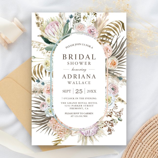 Rustic Boho Dried Palm Pampas Floral Bridal Shower Invitation (Creator Uploaded)