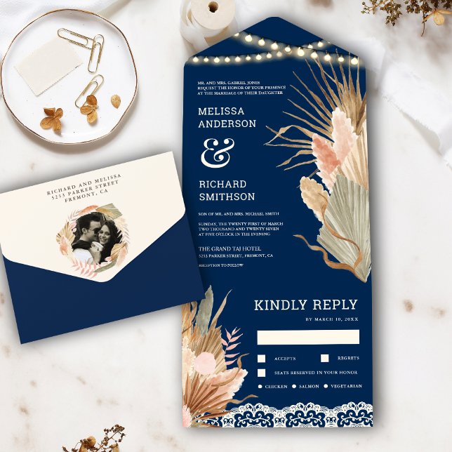 Rustic Boho Dried Palm Pampas Navy Blue Wedding All In One Invitation (Creator Uploaded)