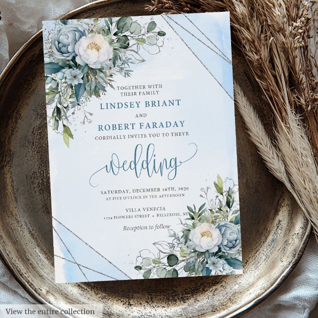 Rustic boho dusty blue silver peonies wedding  invitation (Rustic boho dusty blue silver peonies wedding invite

)