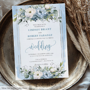 Rustic Boho Dusty Blue Silver Roses Wedding Invite