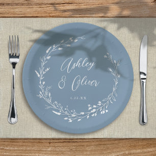 Rustic Boho Dusty Blue Wildflower Floral Wedding Paper Plate