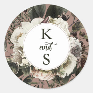 Rustic Boho Dusty Pink Floral Wedding Monogram Cla Classic Round Sticker