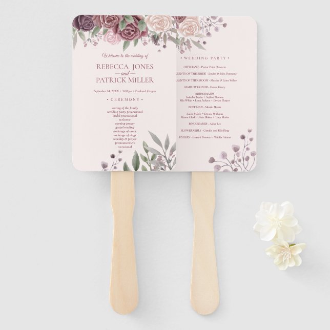 Rustic Boho Dusty Rose Pink Flowers Wedding  Hand  Fan (Front and Back)