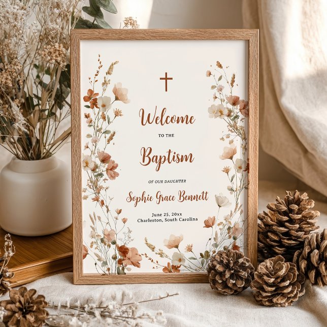 Rustic Boho Dusty Rose Wildflower Baptism Welcome Poster (Rustic Boho Dusty Rose Wildflower Baptism Welcome Poster)