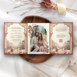 Rustic Boho Earthy Floral Indian Cow Wedding Tri-Fold Invitation