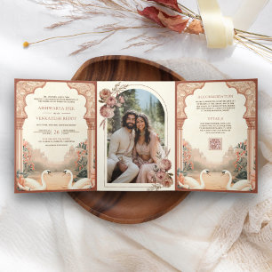Rustic Boho Earthy Floral Indian Swan Wedding Tri-Fold Invitation