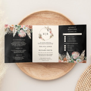 Rustic Boho Earthy Floral Pampas Black Wedding Tri-Fold Invitation