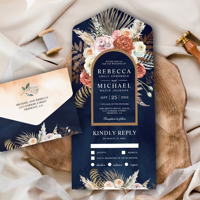 Rustic Boho Earthy Floral Terracotta Navy Wedding All In One Invitation (Creator Uploaded)