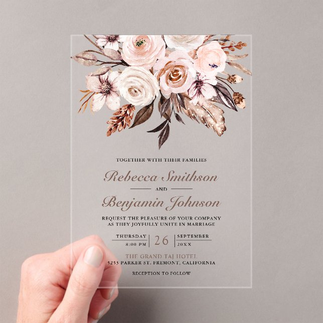 Rustic Boho Earthy Ivory Floral Wedding Acrylic Invitations (Insitu (Handheld))