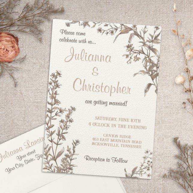 Rustic Boho Earthy Neutral Wildflowers Wedding Invitation (Creator Uploaded)