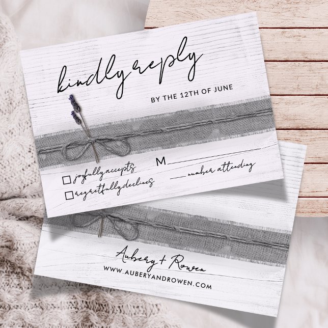 Rustic Boho Eco Faux Burlap Wood Lavender Wedding RSVP Card (Creator Uploaded)
