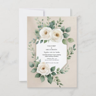 Rustic Boho  – Elegant White Roses & Beige Linen RSVP Card