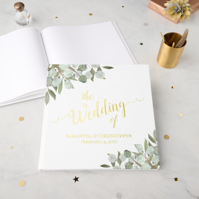 Rustic Boho Eucalyptus Leaves Elegant Foil Wedding Guest Book (Front Open)