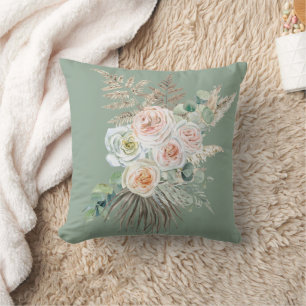 Rustic Boho Evergreen Pink Floral Pampas Cushion