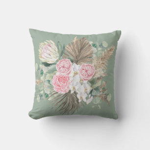 Rustic Boho Evergreen Pink Floral Pampas Greenery  Cushion