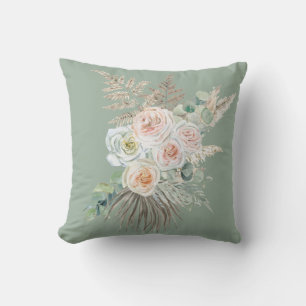 Rustic Boho Evergreen Pink Floral Pampas Porch  Cushion