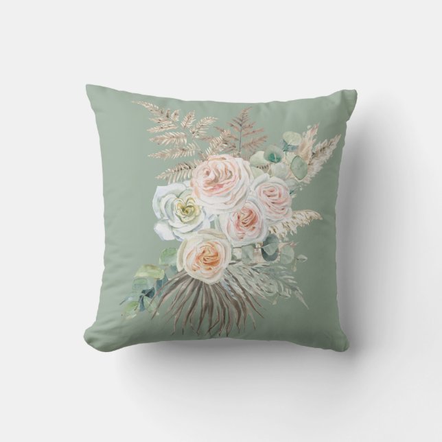 Rustic Boho Evergreen Pink Floral Pampas Porch  Cushion (Front)