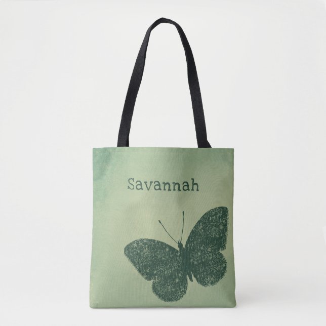 Rustic Boho Faded Green Butterfly Tote (Front)