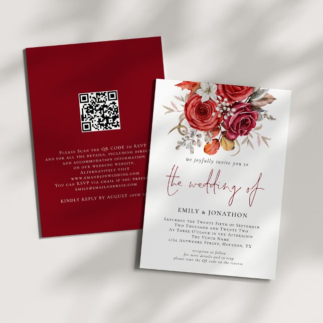 Rustic Boho Fall Florals QR Code Wedding Invitation (Front and back view)