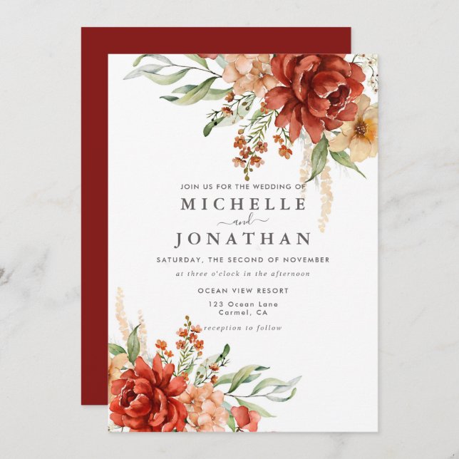 Rustic Boho Fall Flowers Wedding Invitation (Front/Back)