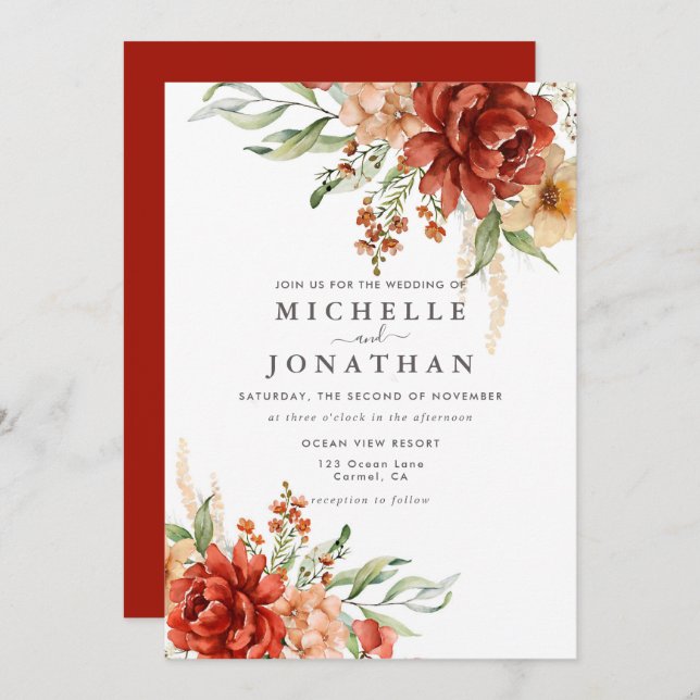 Rustic Boho Fall Flowers Wedding Invitation (Front/Back)