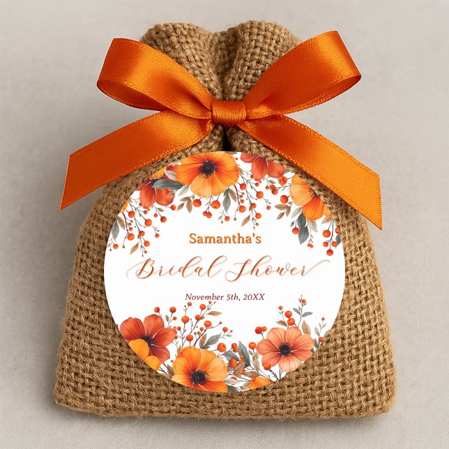 Rustic Boho Fall Orange Blossoms Bridal Shower Classic Round Sticker (Creator Uploaded)