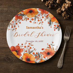 Rustic Boho Fall Orange Floral Berry Bridal Shower Paper Plate
