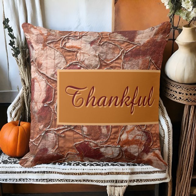 Rustic boho fall orange thankful script embroidery cushion (Creator Uploaded)