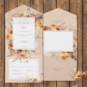 Rustic Boho Fall Peach & Rust Floral No Dinner All In One Invitation