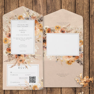 Rustic Boho Fall Peach & Rust Floral QR Code All In One Invitation