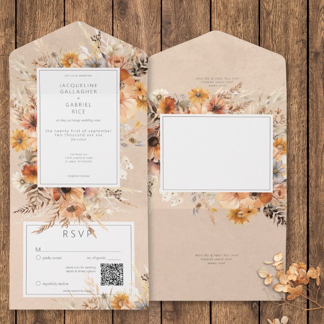 Rustic Boho Fall Peach & Rust Floral QR Code All In One Invitation (Rustic Boho Fall Peach & Rust Floral QR Code All In One Invitation)