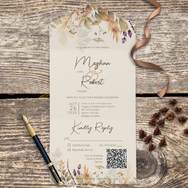 Rustic Boho Fall Wildflowers Cream QR Code All In One Invitation (Creator Uploaded)