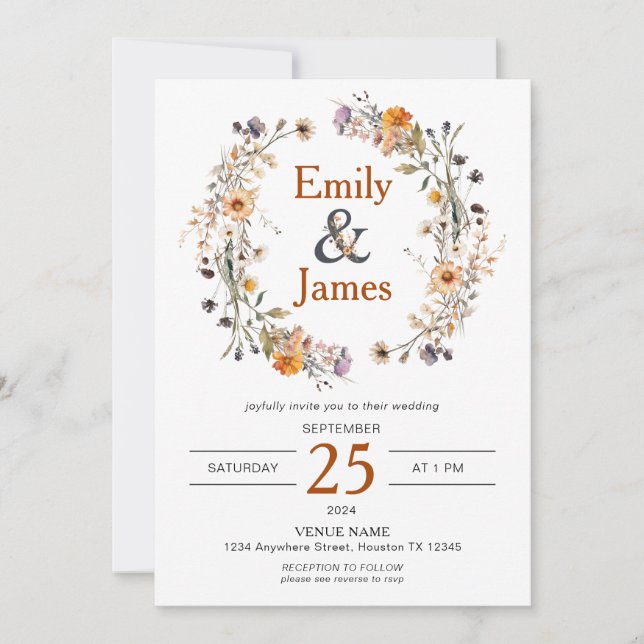 Rustic Boho Fall Wildflowers Wedding Invitation (Front)