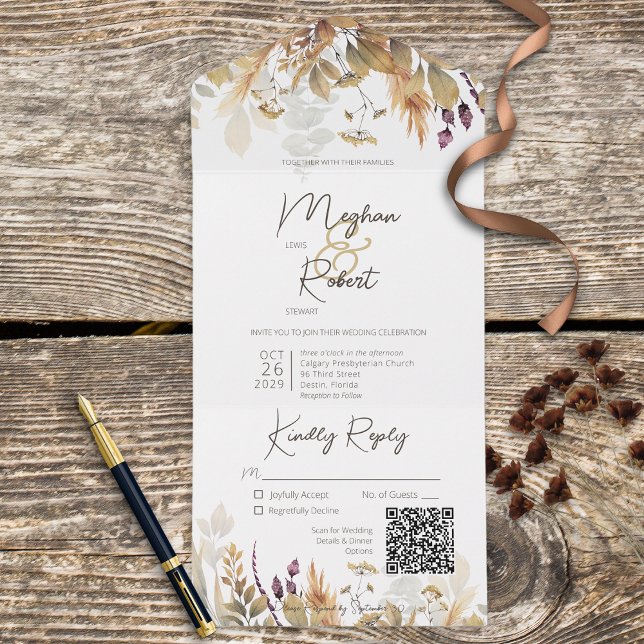 Rustic Boho Fall Wildflowers White QR Code All In One Invitation (Creator Uploaded)