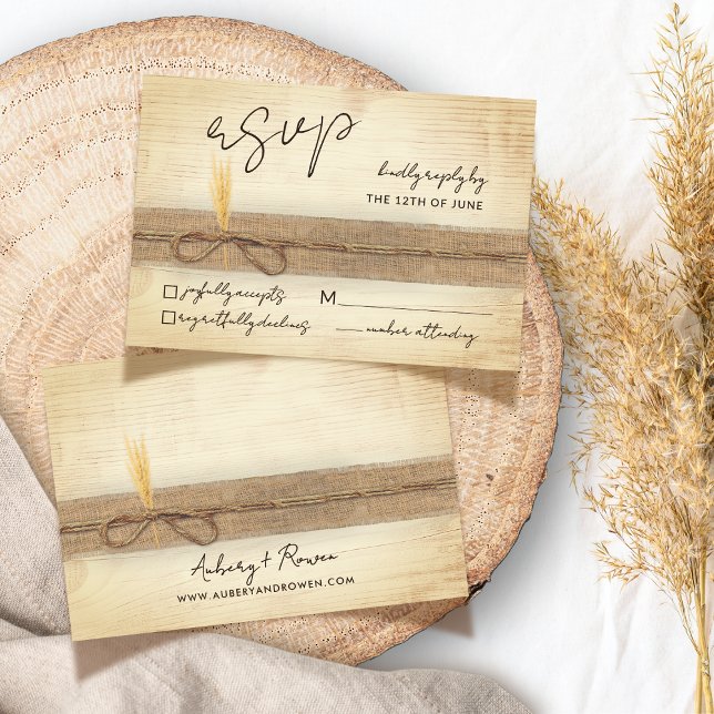 Rustic Boho Faux Pampass Grass Eco Wood Wedding RSVP Card (Creator Uploaded)