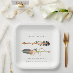 Rustic Boho Feather Floral Arrow Bridal Shower Paper Plate