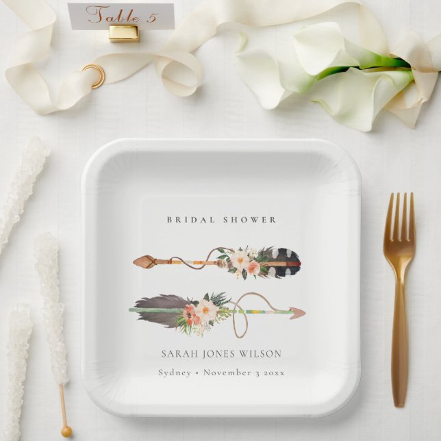 Rustic Boho Feather Floral Arrow Bridal Shower  Paper Plate (Wedding)