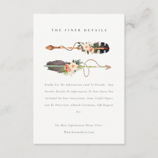 Rustic Boho Feather Floral Arrow Wedding Details Enclosure Card (Front)