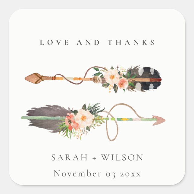 Rustic Boho Feather Floral Arrow Wedding Thanks Square Sticker (Front)
