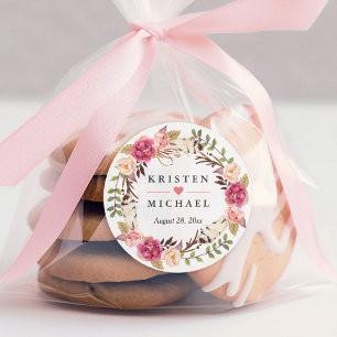 Rustic Boho Feather Floral Wreath Wedding Favour Classic Round Sticker