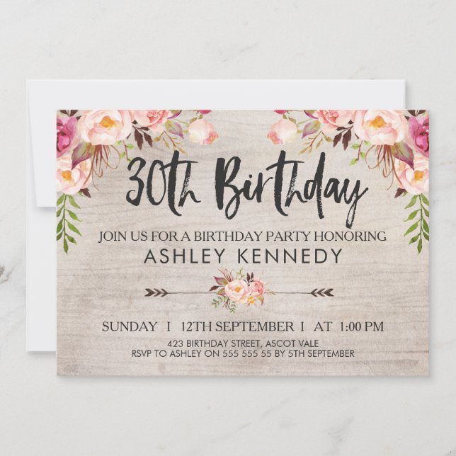 Rustic Boho Floral 30th Birthday Invitation (Front)