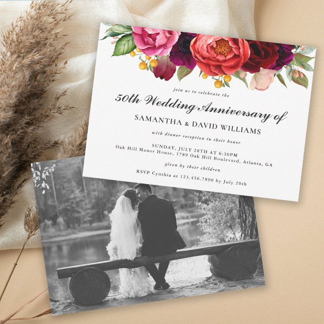 Rustic Boho Floral 50th Anniversary with Photo Invitation (Add a favorite wedding photo to this lovely rustic 50th wedding anniversary invitation.
)