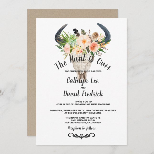 Rustic Boho Floral Antelope Hunt is Over Wedding Invitation (Front/Back)