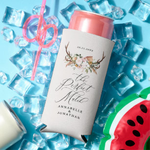 Rustic Boho Floral Antler Wedding Card & Gift Seltzer Can Cooler