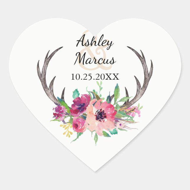 Rustic Boho Floral Antlers Wedding Heart Sticker (Front)